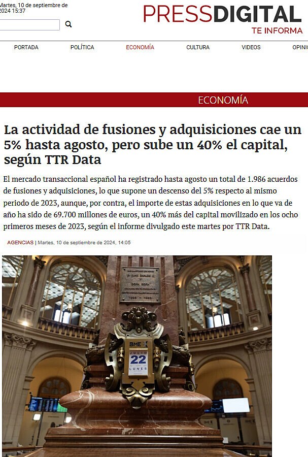 La actividad de fusiones y adquisiciones cae un 5% hasta agosto, pero sube un 40% el capital, segn TTR Data